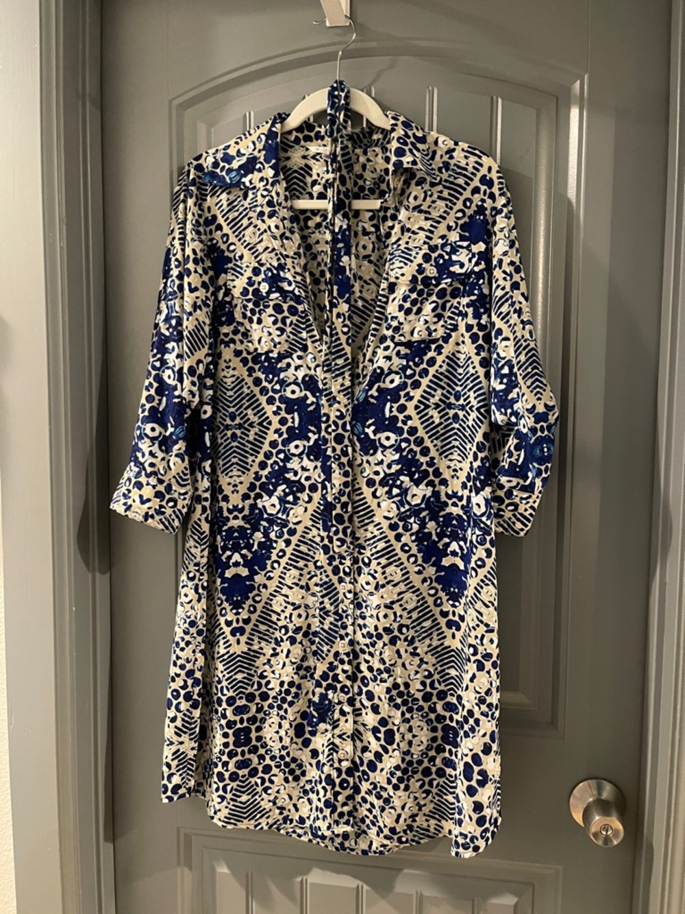CAbi Blue and Cream Abstract Dot Blouse